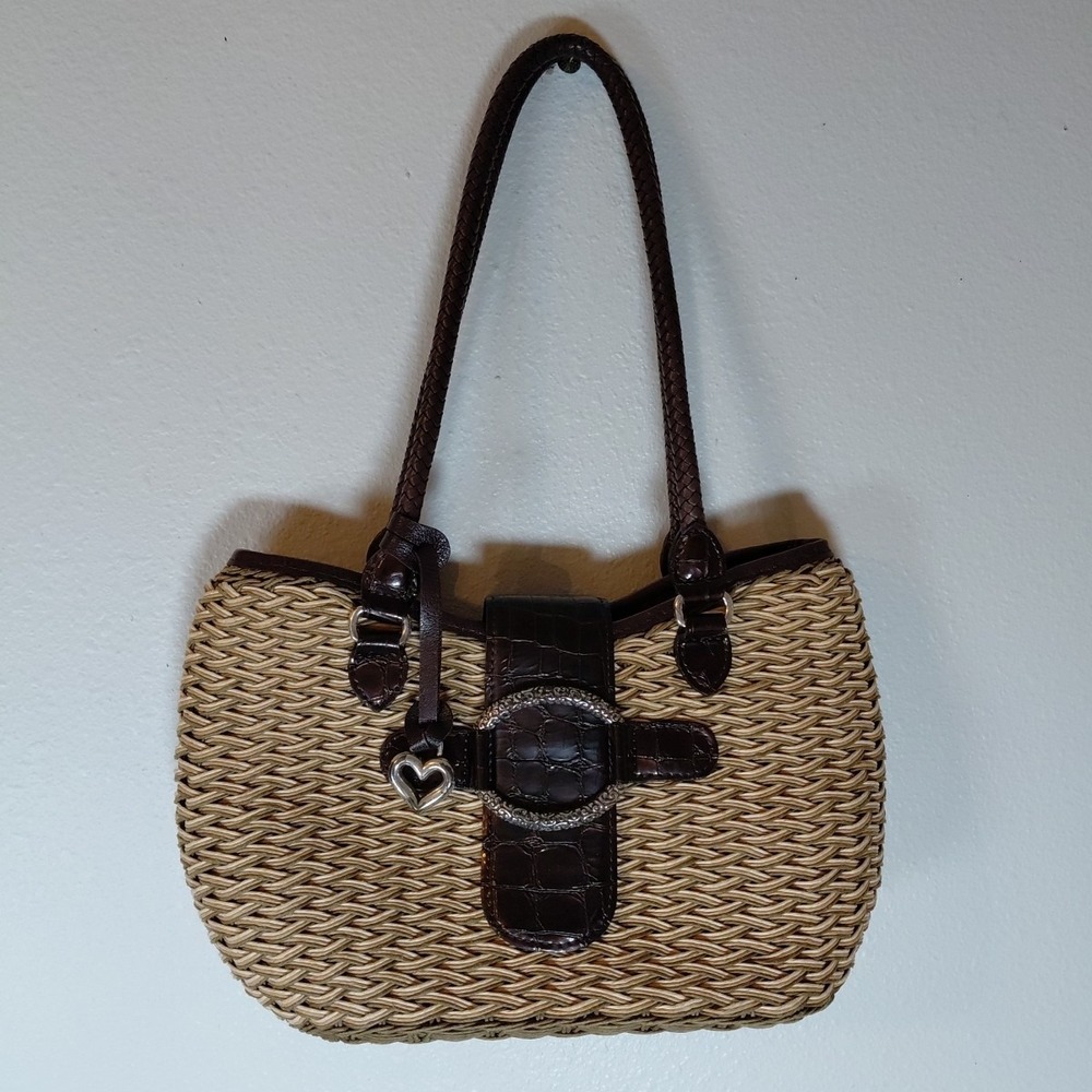 Brighton Kora Natural Straw Faux Croc Leather Boho Handbag Shoulder Bag EUC